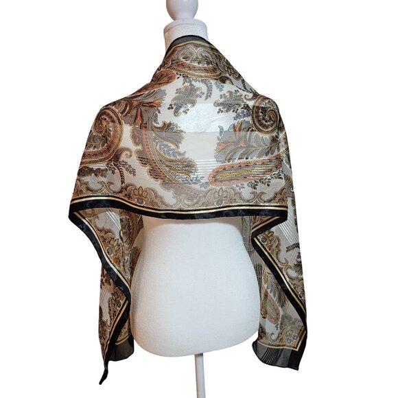 VTG Silk Blend Scarf head wrap Black Gold Paisley Boho Parisian Head Wrap - Picture 6 of 13